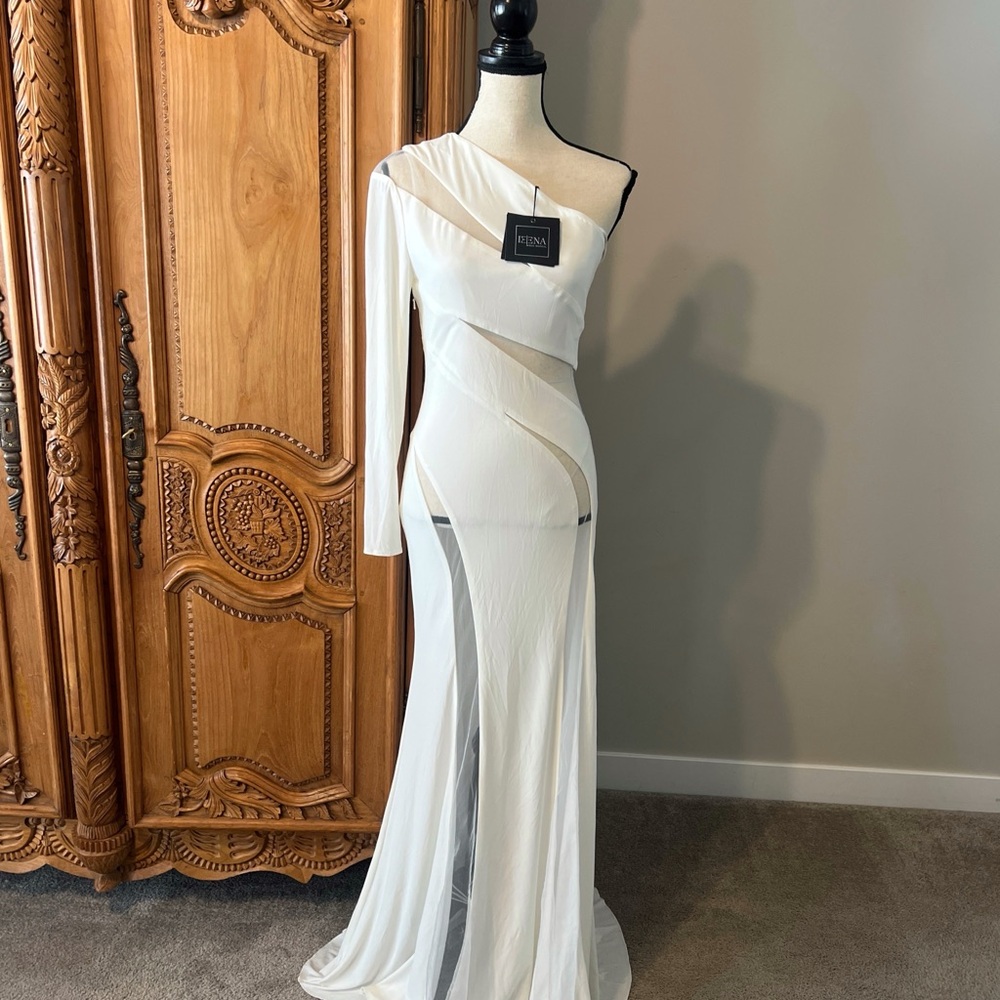 Mac Duggal Ieena 11311 [2] White Jersey One Shoulder Illusion Cut Out Long Gown